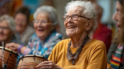 A group of seniors enjoying a lively music jam session in a community center, playing various instruments and singing together. The musical focus and collaborative spirit highlight the joy of shared