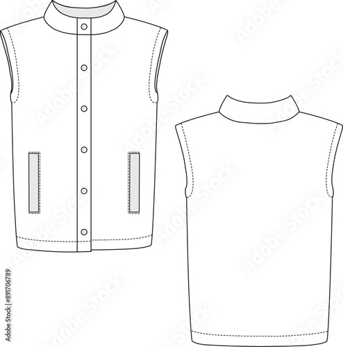 BOYS AND MAN WEAR SLEEVELESS BOMBER JACKET FRONT AND BACK FLAT SKETCH VECTOR ILLUSTRATION