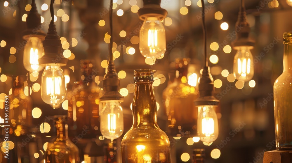 Illuminating Elegance: Chandelier Crafted from Upcycled Wine Bottles with LED Lights Emitting a Cozy Ambiance Illuminating Elegance: Chandelier Crafted from Upcycled Wine Bottles with LED Lights Emitting a Cozy Ambiance