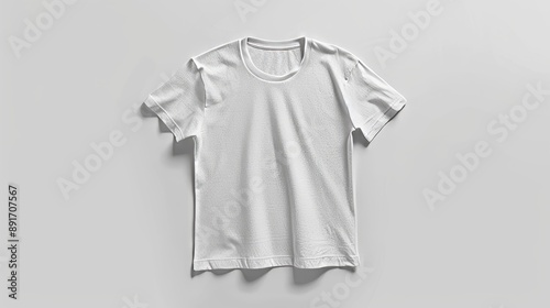 Minimalist mockup of blank t-shirt with subtle shadow isolated on white background for branding. Clothing isolated on white. Photo realistic photo.