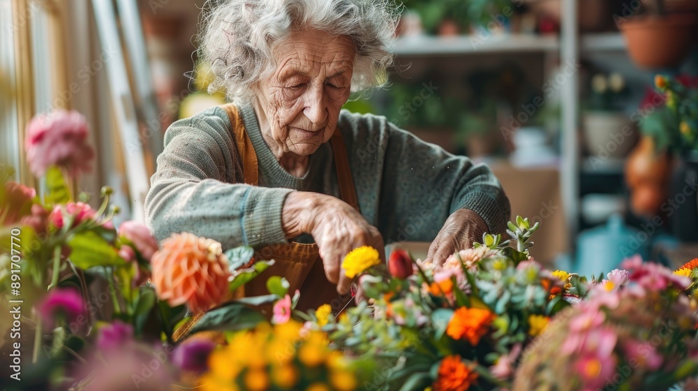 An elderly woman practicing flower arranging in a bright and airy room, her hands skillfully creating a beautiful bouquet. The creative activity and vibrant floral arrangement highlight the An elderly woman practicing flower arranging in a bright and airy room, her hands skillfully creating a beautiful bouquet. The creative activity and vibrant floral arrangement highlight the