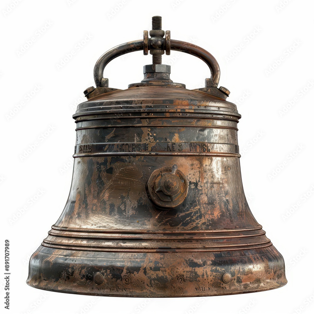 Close-up of an antique rusty metal bell isolated on a white background, showcasing its weathered and aged appearance. Close-up of an antique rusty metal bell isolated on a white background, showcasing its weathered and aged appearance.