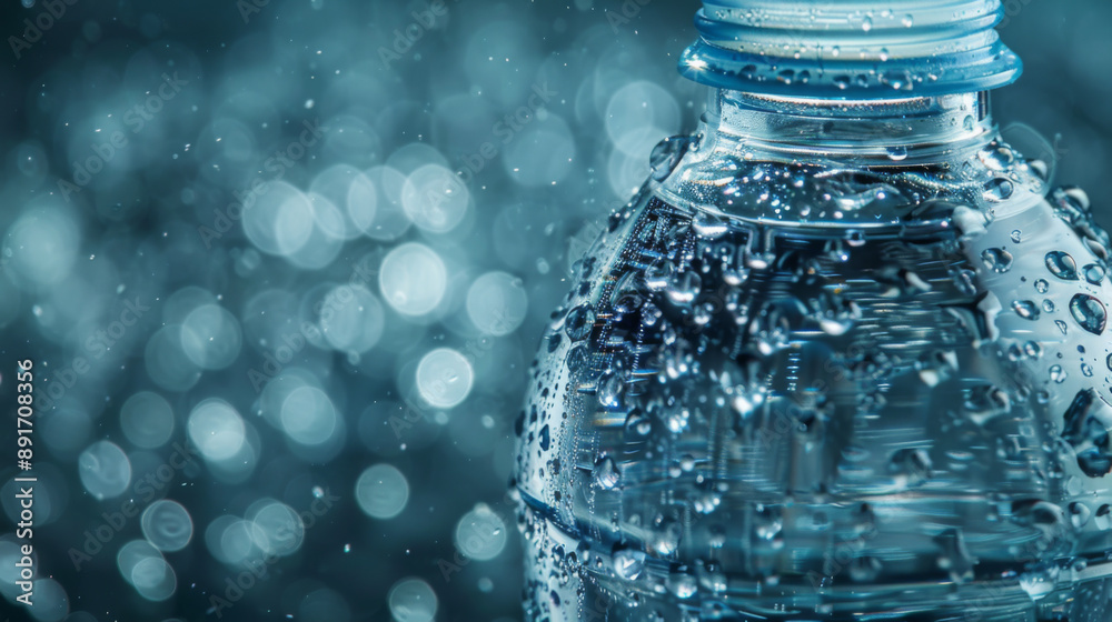 Detailed close-up of a plastic water bottle covered in water droplets with a blurred, sparkling background. Detailed close-up of a plastic water bottle covered in water droplets with a blurred, sparkling background.