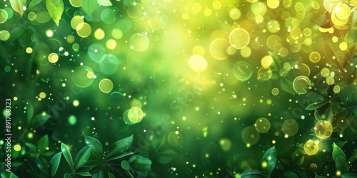 Elegant green bokeh background with soft blurred spots, creating a serene and luminous visual effect.
