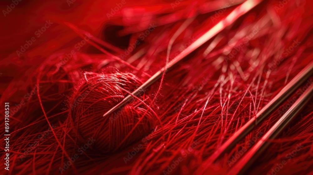Fototapeta premium Red abstract background with intricate lines and patterns, evoking the appearance of knitting needles.