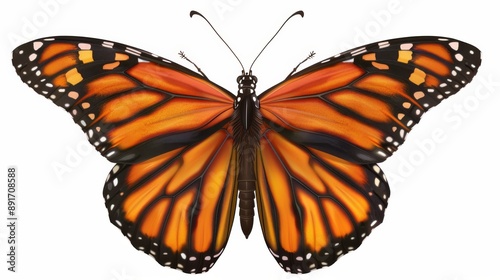 Flying orange monarch butterfly insect isolated on a transparent or white background as PNG, generative AI animal. Insects isolated on white. Photo realistic photo.