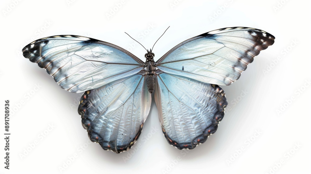 Pearl Morpho sulkowski lympharis, light blue butterfly isolated with clipping path on white background. Insects isolated on white. Photo realistic photo. Pearl Morpho sulkowski lympharis, light blue butterfly isolated with clipping path on white background. Insects isolated on white. Photo realistic photo.