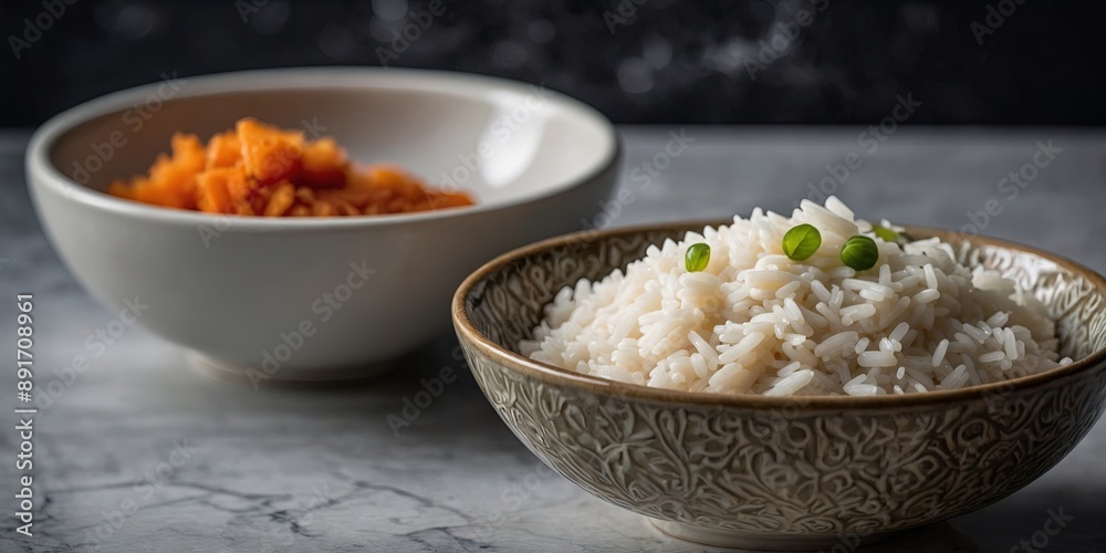 the artistry of perfectly cooked white rice presented in a ceramic bowl, accentuated by the refined beauty of a marble background. the artistry of perfectly cooked white rice presented in a ceramic bowl, accentuated by the refined beauty of a marble background.