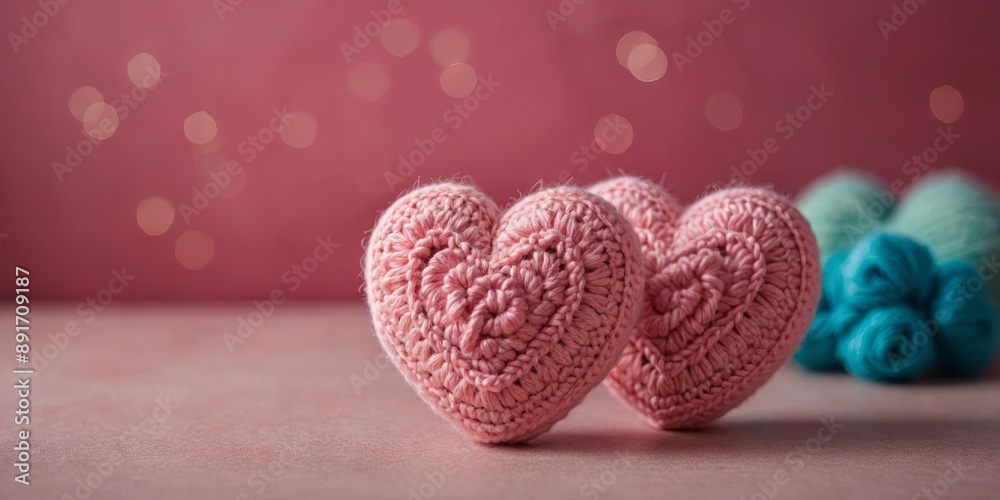 Obraz premium two crocheted amigurumi pink hearts on a colorful background.