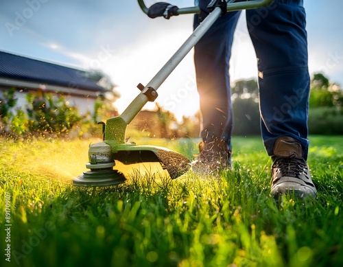 Legs of a man while cutting grass with a brush cutter.