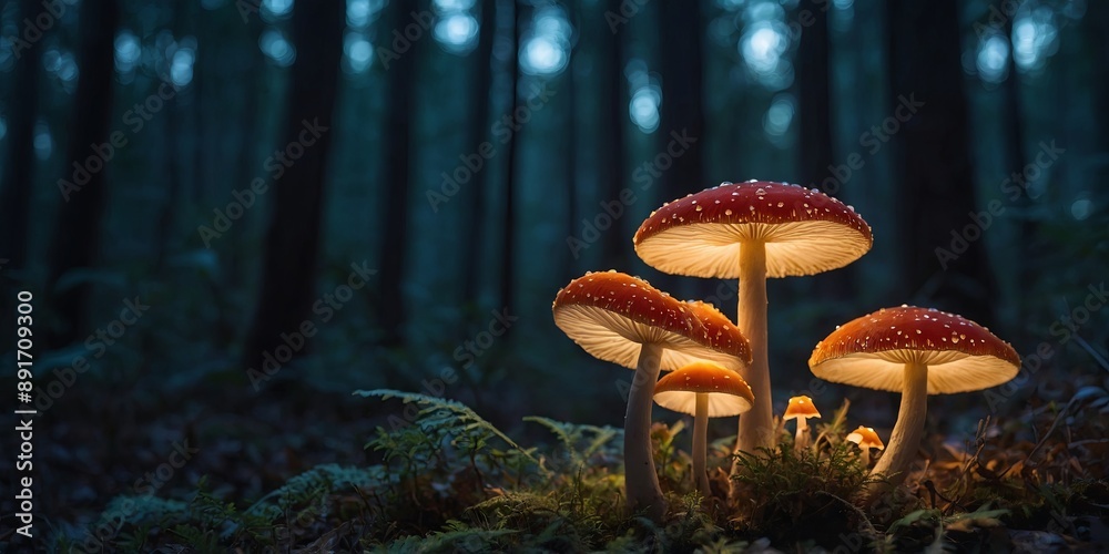 Fototapeta premium Image of glowing mushrooms in forest at twilight, created by artificial intelligence Stock image.