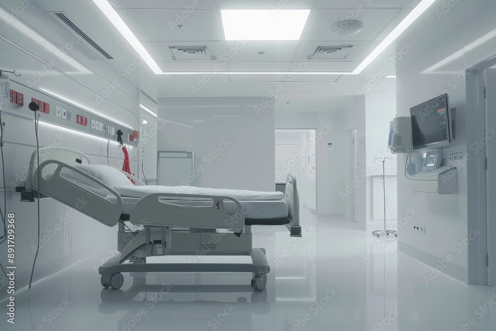 A cutting-edge hospital room with a state-of-the-art bed, white walls and floors, essential medical monitoring equipment, and advanced lighting creating a sterile environment. A cutting-edge hospital room with a state-of-the-art bed, white walls and floors, essential medical monitoring equipment, and advanced lighting creating a sterile environment.