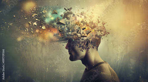 man with his head exploding in colorful fragments, symbolizing the wide range of thoughts and ideas that flow through your mind when you meditation