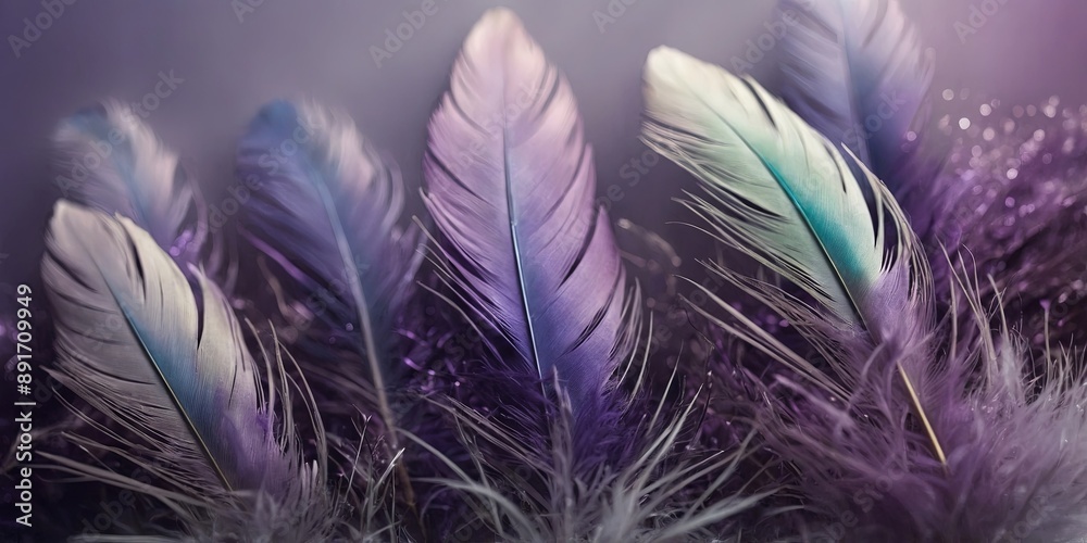 Fototapeta premium The soft and dreamy purple background enhanced by the colorful feathers.