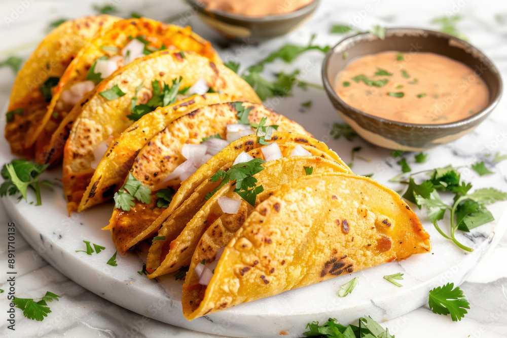 spicy crispy tacos filled with seasoned meat, fresh herbs, and toppings served with creamy sauce spicy crispy tacos filled with seasoned meat, fresh herbs, and toppings served with creamy sauce