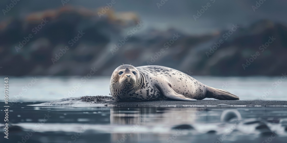 Obraz premium Closeup of a harbor seal resting on the shore