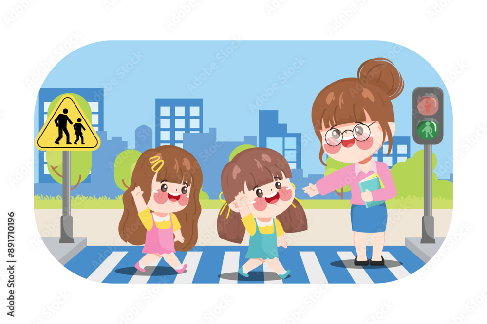 Cute cartoon children crossing the crosswalk by color traffic light. Cute cartoon children crossing the crosswalk by color traffic light.