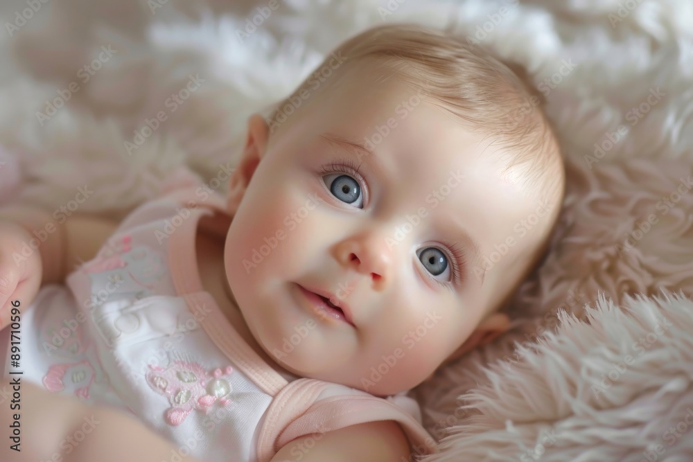 A baby lies on a soft, fluffy blanket, wearing a cute outfit with delicate embroidery, exuding calmness and serenity, creating a heartwarming scene. A baby lies on a soft, fluffy blanket, wearing a cute outfit with delicate embroidery, exuding calmness and serenity, creating a heartwarming scene.