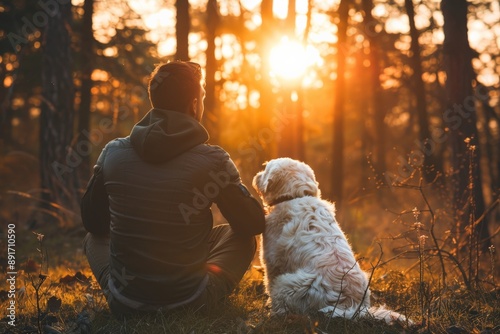 A man and his dog sit together in a peaceful forest during sunset, basking in the warmth and tranquility of the golden hour, surrounded by nature’s beauty. photo