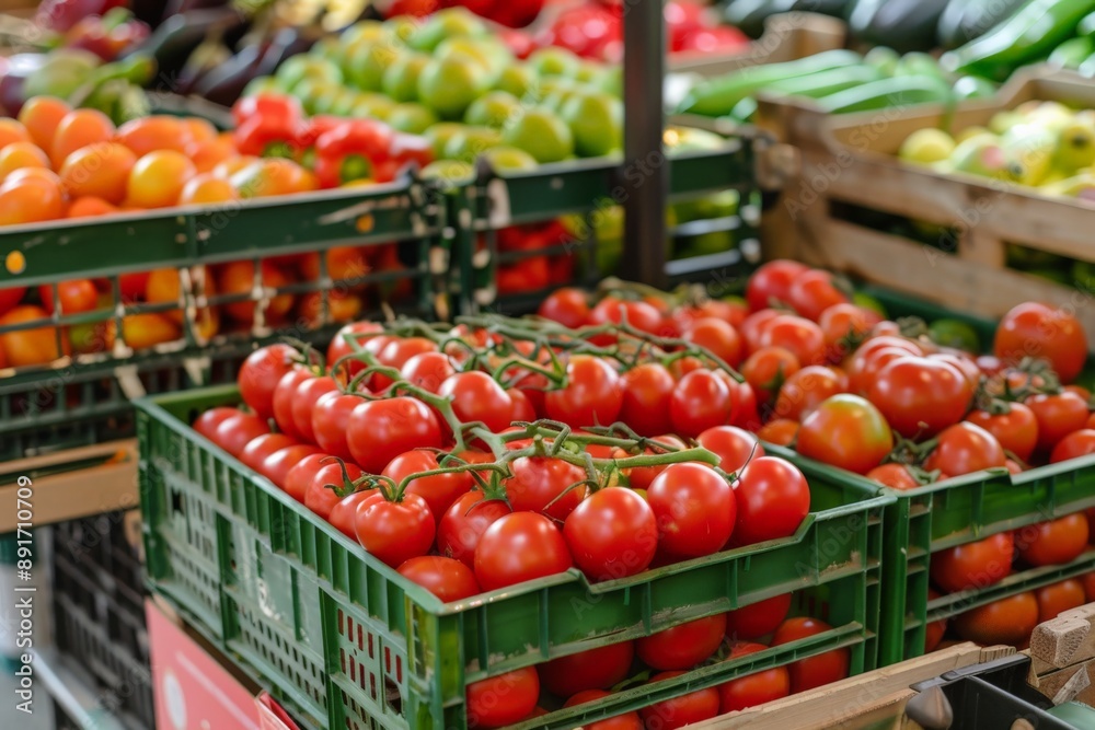 An array of fresh, ripe tomatoes neatly stacked in green crates at a local market. The vibrant red tomatoes are arranged in a visually appealing and orderly manner, showcasing their freshness. An array of fresh, ripe tomatoes neatly stacked in green crates at a local market. The vibrant red tomatoes are arranged in a visually appealing and orderly manner, showcasing their freshness.