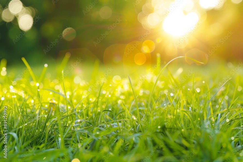 Fototapeta premium Close-up of radiant green grass blades with morning dew drops glistening under the golden light of the sun, creating a fresh and invigorating natural scene.