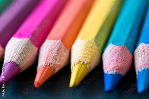 A detailed close-up image of bright and colorful pencils lying side by side. The vibrant colors and sharp tips symbolize creativity, organization, and artistic expression.