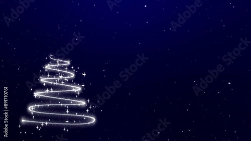 Merry Christmas Greeting Video Card. Christmas Tree with  Shining Light and Twinkling Stars on Dark Background, Winter Holiday Animation