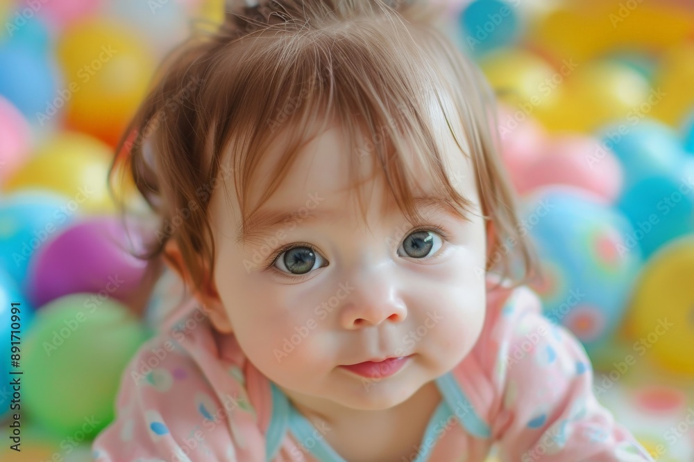 A baby girl with wide blue eyes, wearing a pink outfit, peers curiously at the camera while surrounded by colorful balls in a vibrant play area. A baby girl with wide blue eyes, wearing a pink outfit, peers curiously at the camera while surrounded by colorful balls in a vibrant play area.