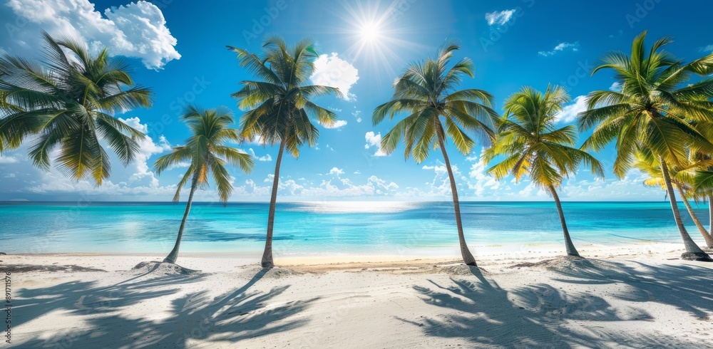Obraz premium beautiful beach with palm trees and a blue sky with white clouds. The sun is shining brightly