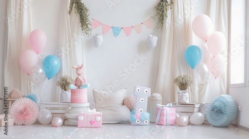 Birthday decorations - gifts, toys, balloons, garland and number for little baby party on a white wall background.