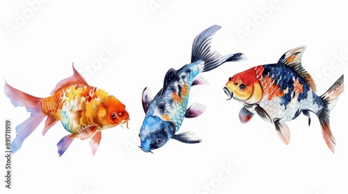 fish on isolated white background, watercolor illustration, hand drawing. Fish isolated on white. Photo realistic photo.