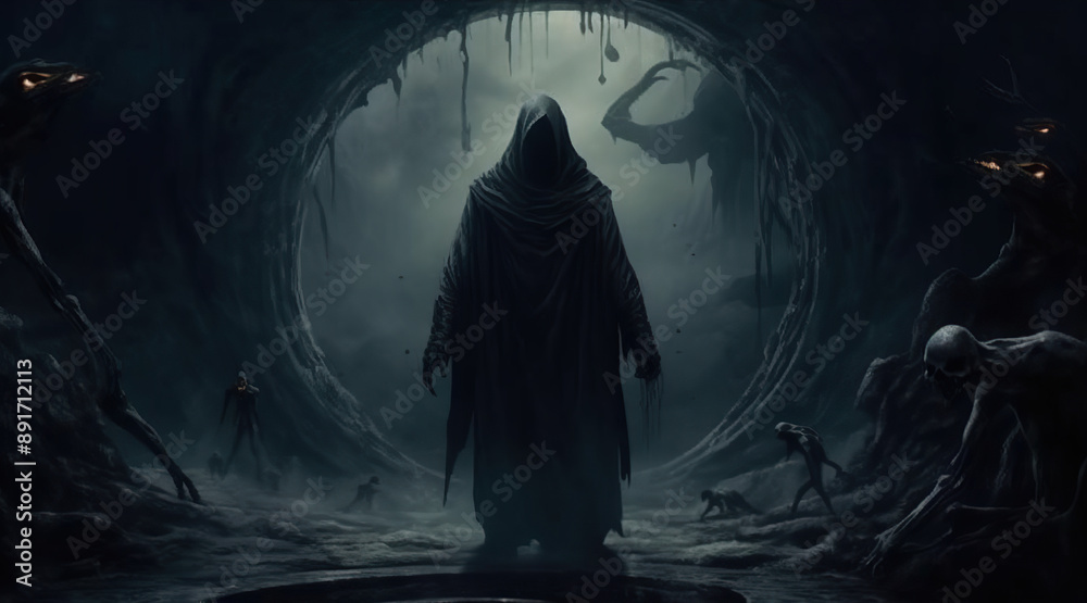 Grim reaper standing at the entrance to a dark and eerie cave Grim reaper standing at the entrance to a dark and eerie cave