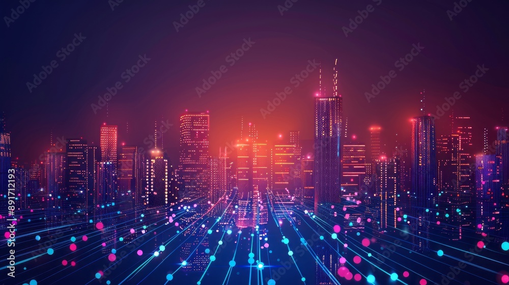 Smart city and abstract dot point connect with gradient line and aesthetic Intricate wave line design , big data connection technology concept Smart city and abstract dot point connect with gradient line and aesthetic Intricate wave line design , big data connection technology concept