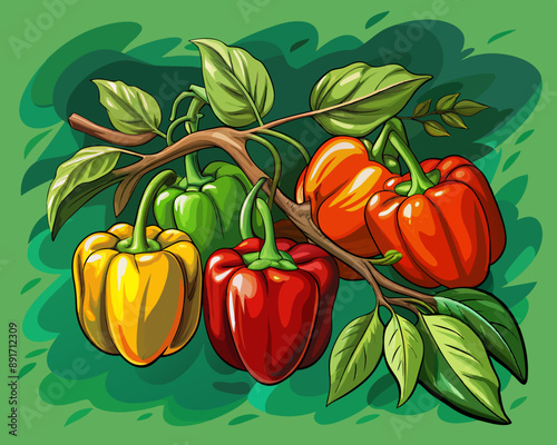 illustration Vector of fresh bell peppers on a branch with leaves, isolated green background, hand drawn vegetabes and fruit cartoon photo