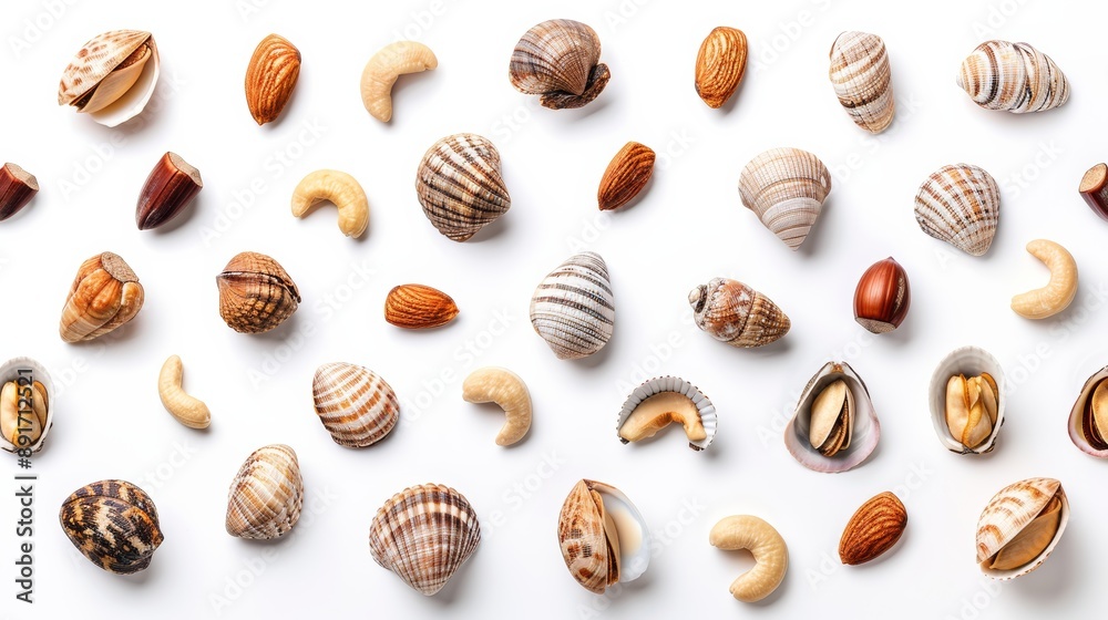 Various nuts including walnuts, cashews, almonds, and hazelnuts isolated on a white background, forming a pattern. (Top view). Shellfish isolated on white. Photo realistic photo. Various nuts including walnuts, cashews, almonds, and hazelnuts isolated on a white background, forming a pattern. (Top view). Shellfish isolated on white. Photo realistic photo.