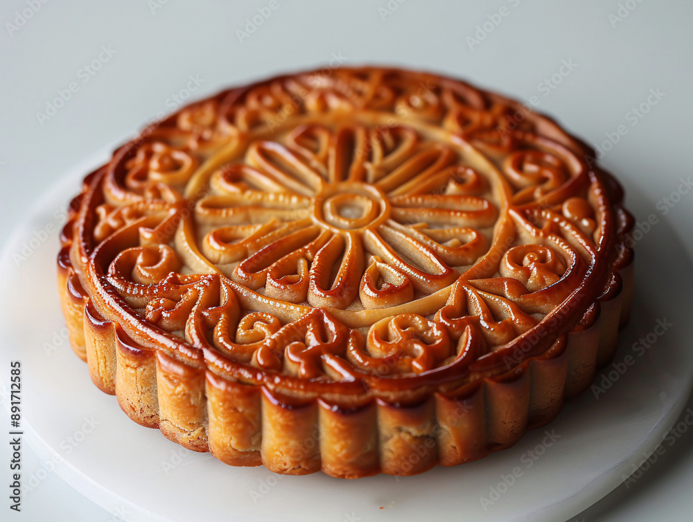 olden-brown baked mooncake with a circular pattern on its surface, The pastry appears to be freshly baked and has a shiny glaze. olden-brown baked mooncake with a circular pattern on its surface, The pastry appears to be freshly baked and has a shiny glaze.