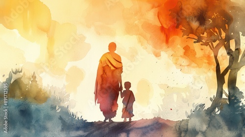 Watercolor illustration for Guru Purnima with silhouette of sage and young disciple.