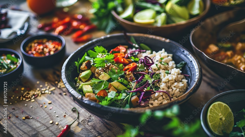 Vegetarian meal. Vegan food or dishes. Delicious and healthy vegetables meal. High quality AI generated image Vegetarian meal. Vegan food or dishes. Delicious and healthy vegetables meal. High quality AI generated image