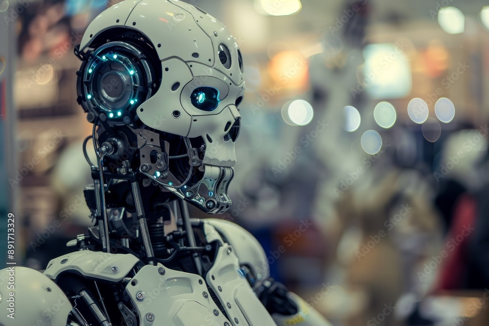 A white robot head is shown in close-up, with its blue-glowing eyes and complex mechanical design A white robot head is shown in close-up, with its blue-glowing eyes and complex mechanical design