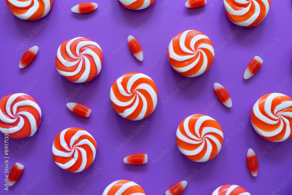 vibrant orange and white peppermint candies arranged on a purple background vibrant orange and white peppermint candies arranged on a purple background