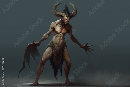 Full body image of a menacing female demon with horns photo