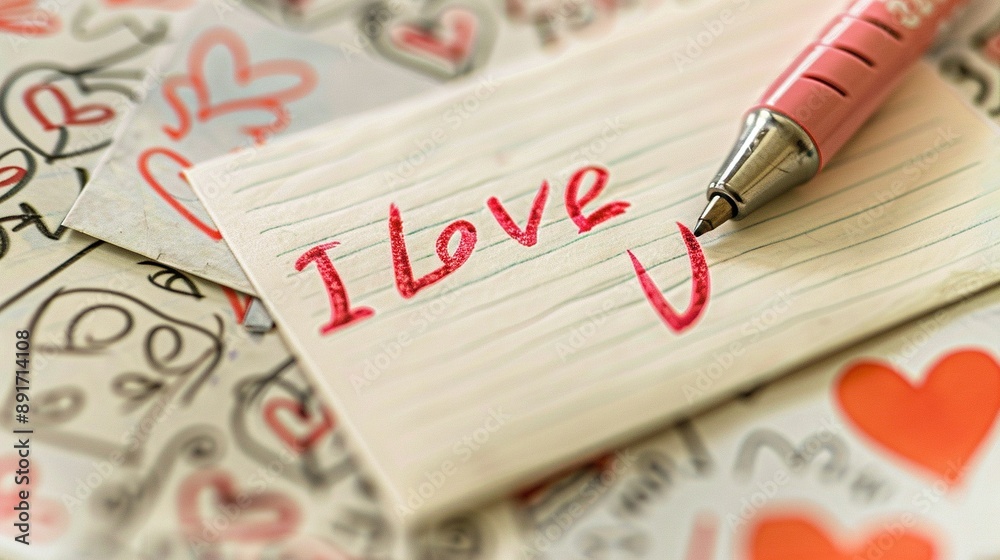 photo of paper love note, written at the top of the paper love note in red marker I Love u photo of paper love note, written at the top of the paper love note in red marker I Love u