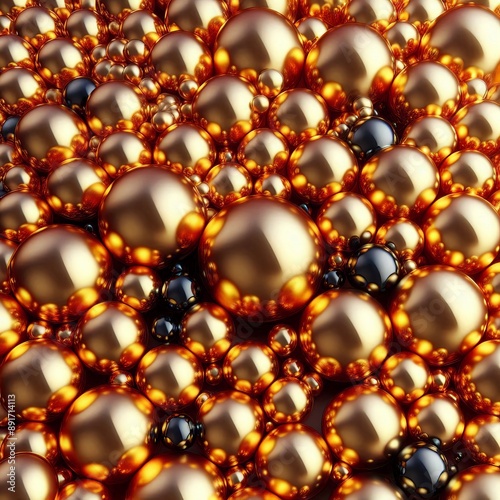 Shiny colored balls abstract background, 3d gold metallic glossy spheres wallpaper.