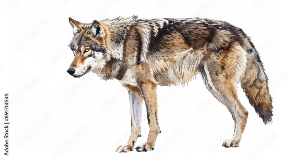Fototapeta premium Wolf depicted in a wildlife watercolor illustration style, isolated on a white background. Animals isolated on white. Photo realistic photo.