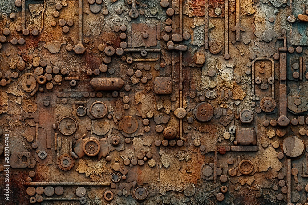 Rustic metallic wall texture with industrial elements Rustic metallic wall texture with industrial elements