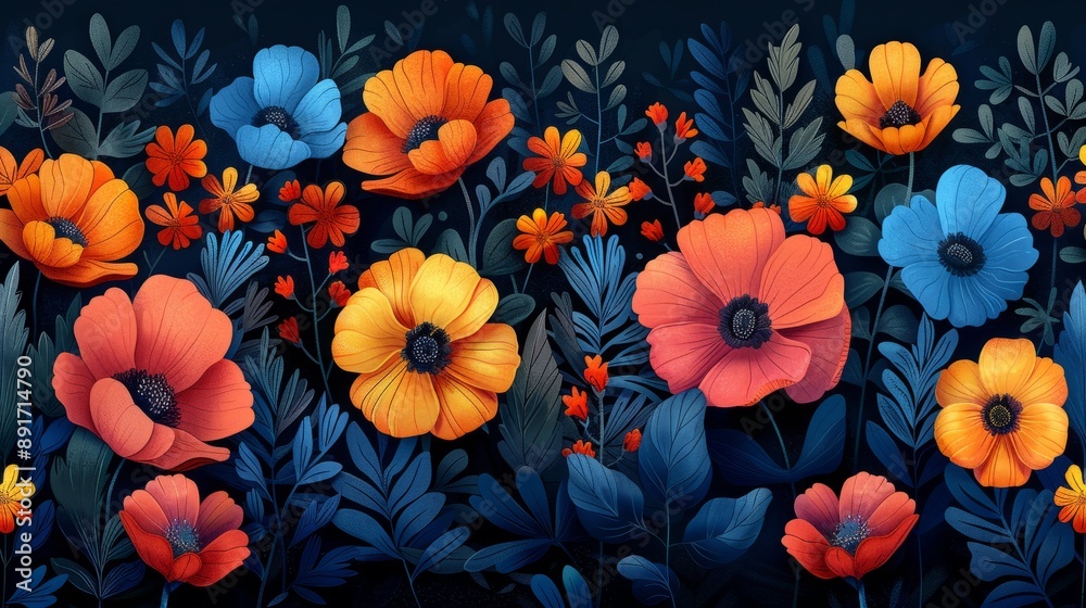 Cartoon flower with leaf vector illustration on black background, printed in mixed media style, light orange and indigo Cartoon flower with leaf vector illustration on black background, printed in mixed media style, light orange and indigo