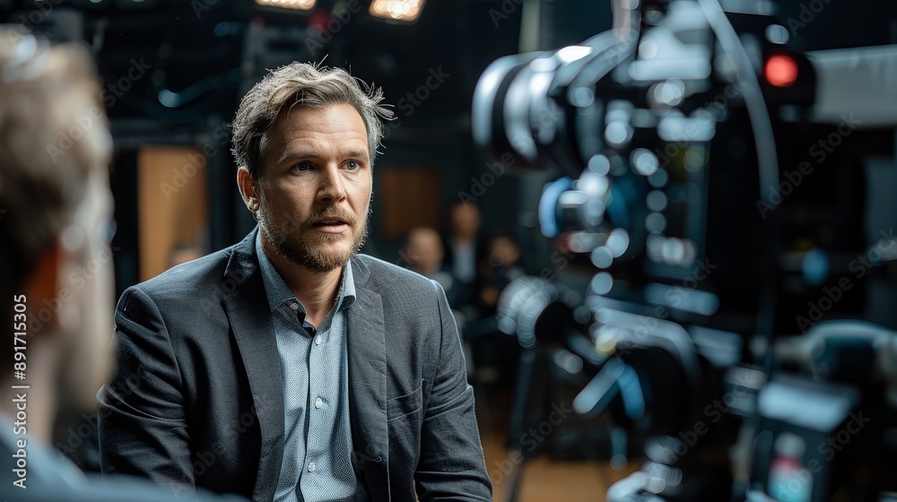 Business executive giving an interview to a news reporter in a professional studio Business executive giving an interview to a news reporter in a professional studio