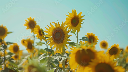 A field of vibrant yellow sunflowers with a clear blue sky in the background.