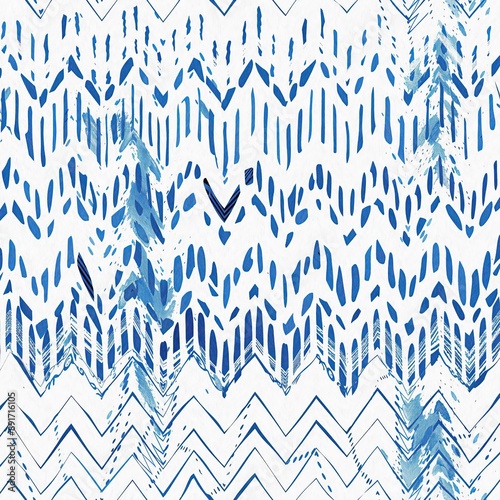 Summery ikat zig zag pattern in painterly brushstroke digital design. Modern coastal living printed chevron textile decor in seamless all over template.  photo