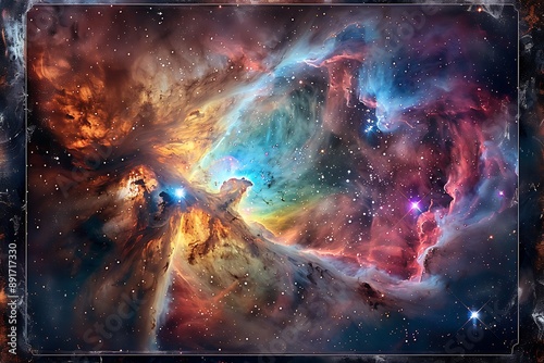 Cosmic nebula framed in a high-tech, metallic border. Vibrant colors of swirling gases and stars. Background of deep space with distant galaxies. Mystical and awe-inspiring.